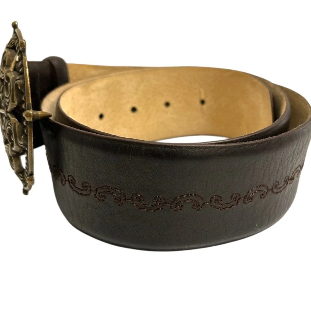 Vintage Moroccan Style Leather Belt with Medieval Buckle Brown Size L